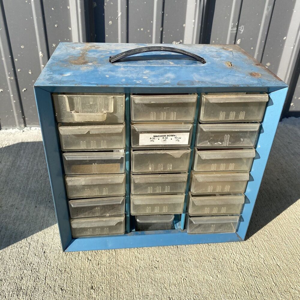 VINTAGE AKRO-MILS Blue Metal 18 DRAWER STORAGE ORGANIZER CABINET